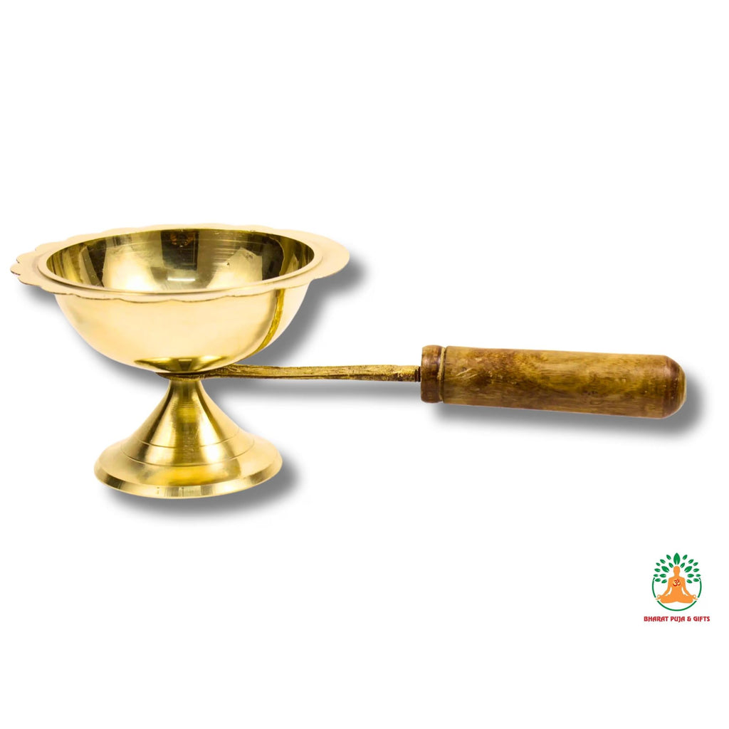 Brass Dhoop Dani with Wooden Handle | Camphor Loban Dhoop Arti Incense Burner | Smoke Holder