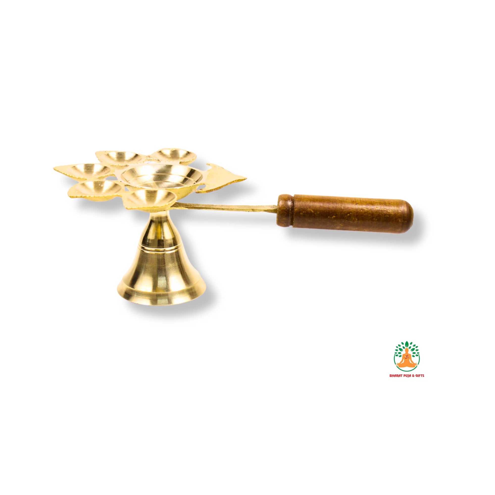 Brass Panch Arti Diya with Wooden Handle | Brass Dhoop Aarti Lamp | Panch Aarti Diya  | Traditional Five 5-Wick Oil Lamp | Panchmukhi Diya