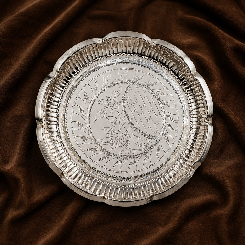 Silver Decorative Puja Plate with Floral Design | Silver Offering Plate