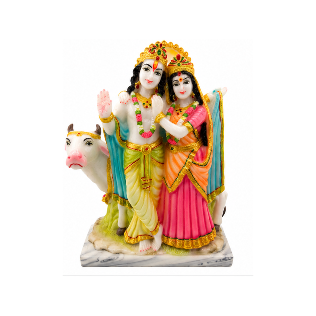 Radha Krishna with Cow Idol | Multicolor Radha and Krishna Murti | Radha Krishna Statue
