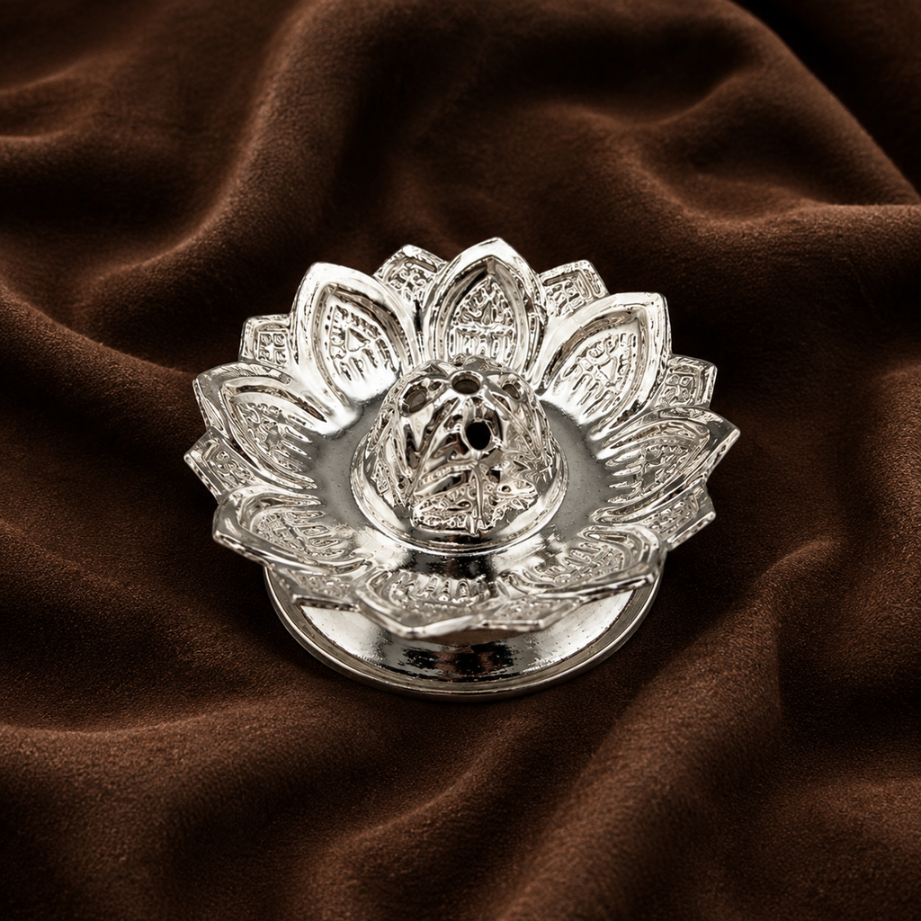 Pure Silver Lotus Agarbatti Stand | Elegant Incense Holder for Home Temple | Silver Incense Stand