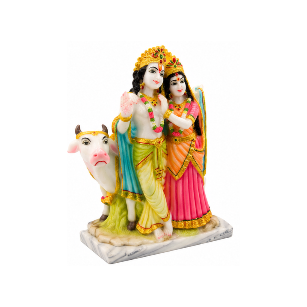 Radha Krishna with Cow Idol | Multicolor Radha and Krishna Murti | Radha Krishna Statue