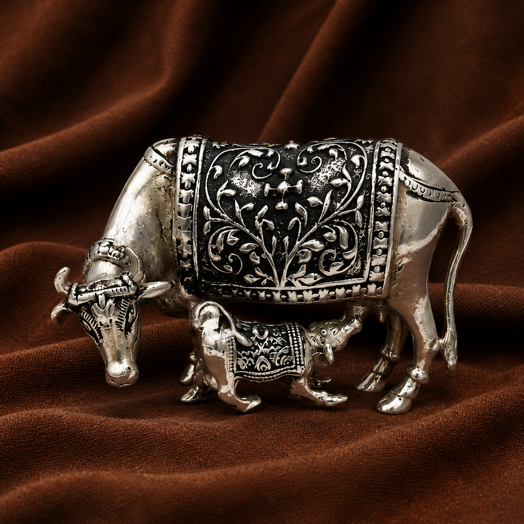 Pure Silver Cow and Calf Idol | 999 Silver Kamadhenu Cow Murti | Silver Holy Cow Idol