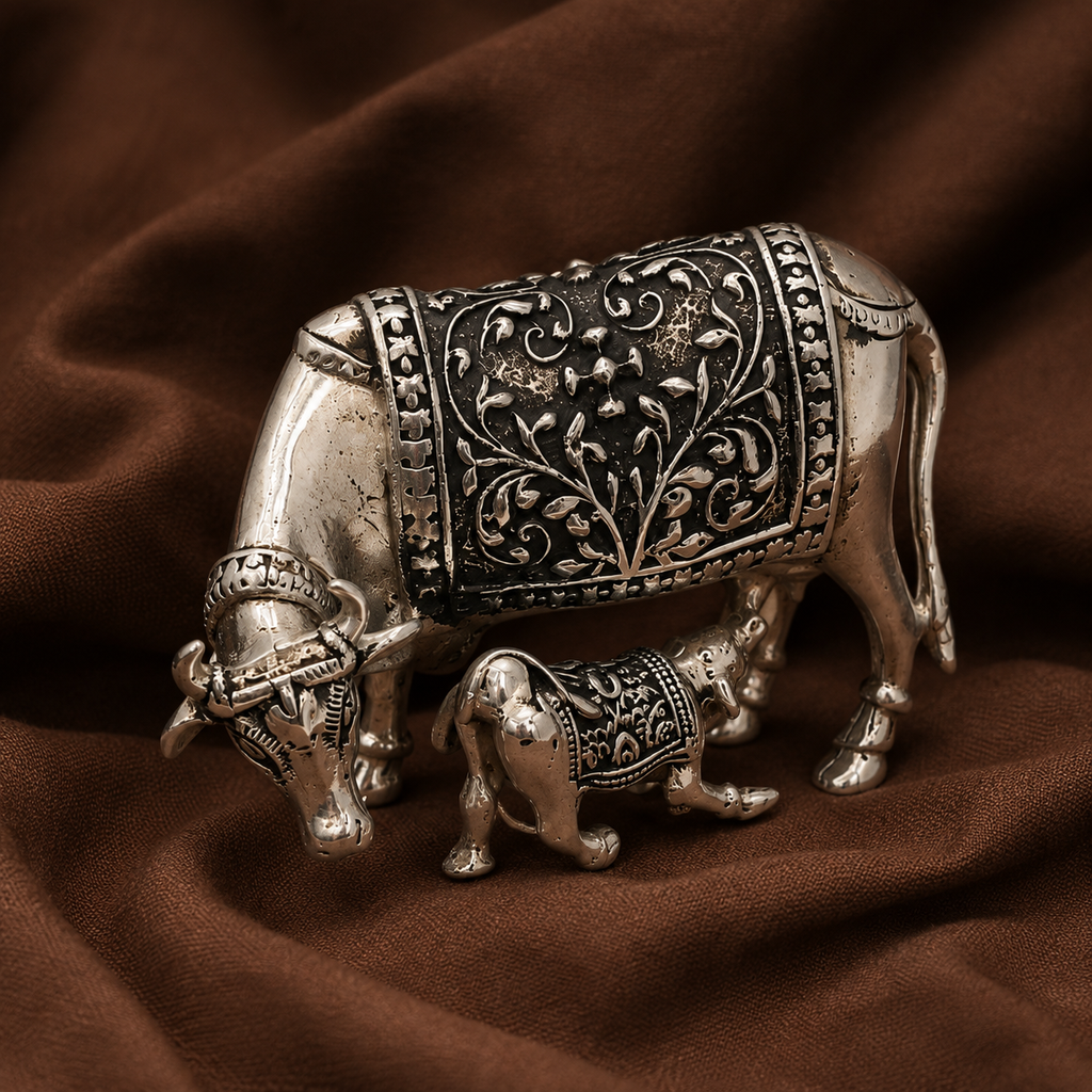 Pure Silver Cow and Calf Idol | 999 Silver Kamadhenu Cow Murti | Silver Holy Cow Idol