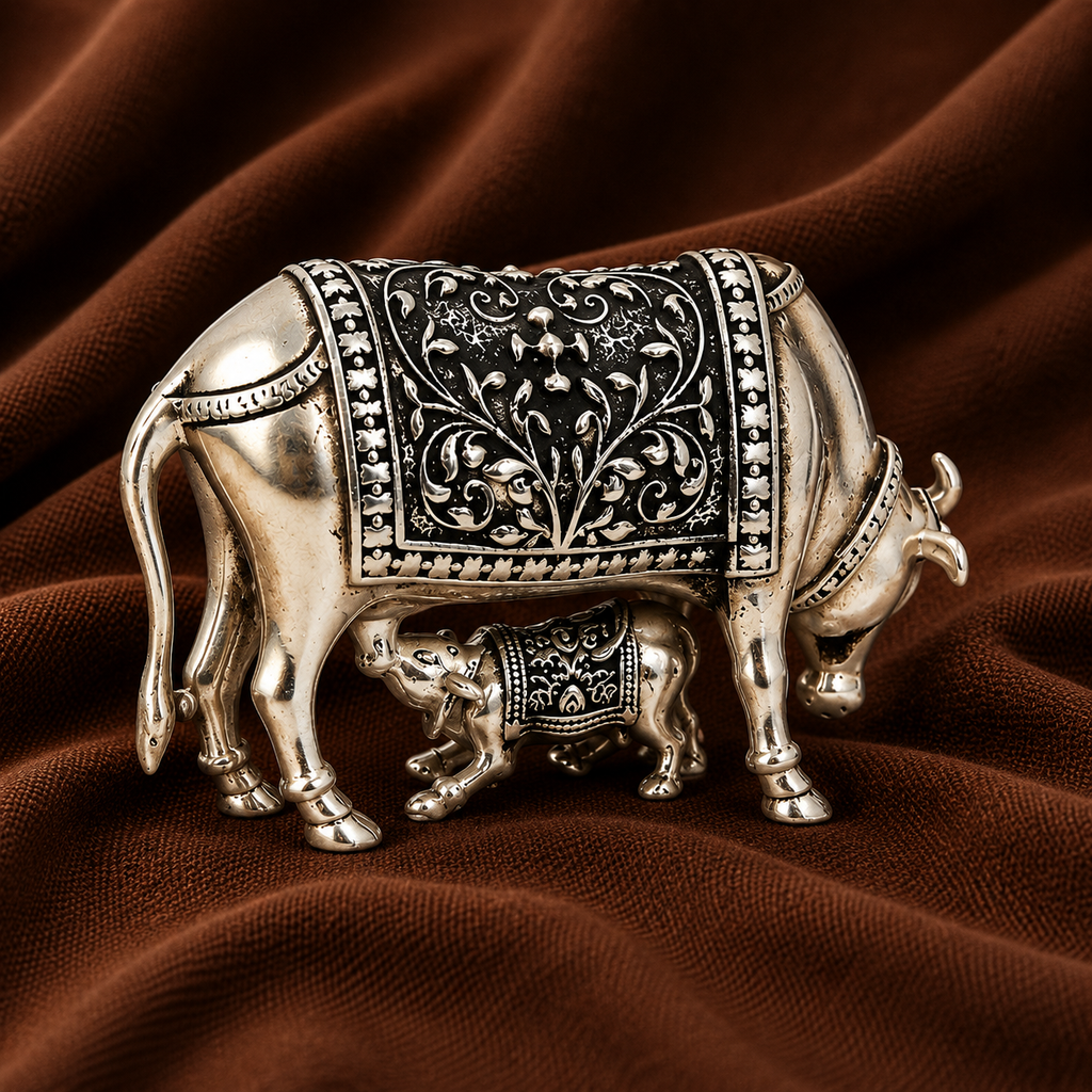 Pure Silver Cow and Calf Idol | 999 Silver Kamadhenu Cow Murti | Silver Holy Cow Idol
