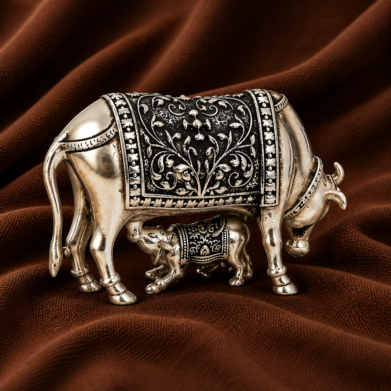 Pure Silver Cow and Calf Idol | 999 Silver Kamadhenu Cow Murti | Silver Holy Cow Idol