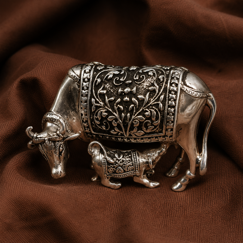 Pure Silver Cow and Calf Idol | 999 Silver Kamadhenu Cow Murti | Silver Holy Cow Idol