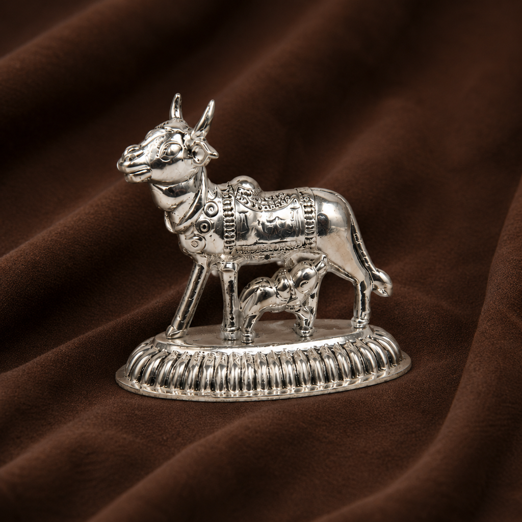 Sterling Silver Kamadhenu Cow & Calf Idol | Sacred Puja Statue & Auspicious Gift | Silver Gau Mata Murti