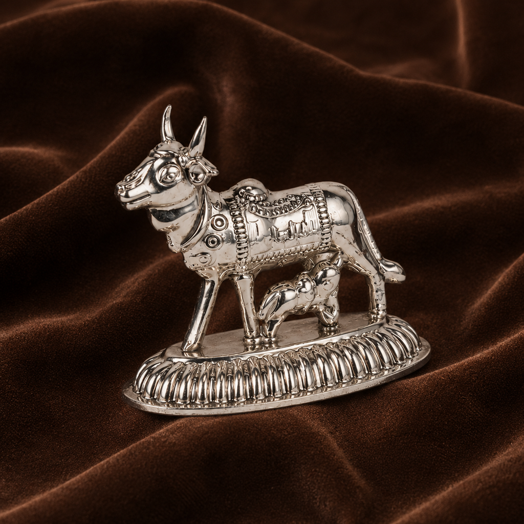 Sterling Silver Kamadhenu Cow & Calf Idol | Sacred Puja Statue & Auspicious Gift | Silver Gau Mata Murti