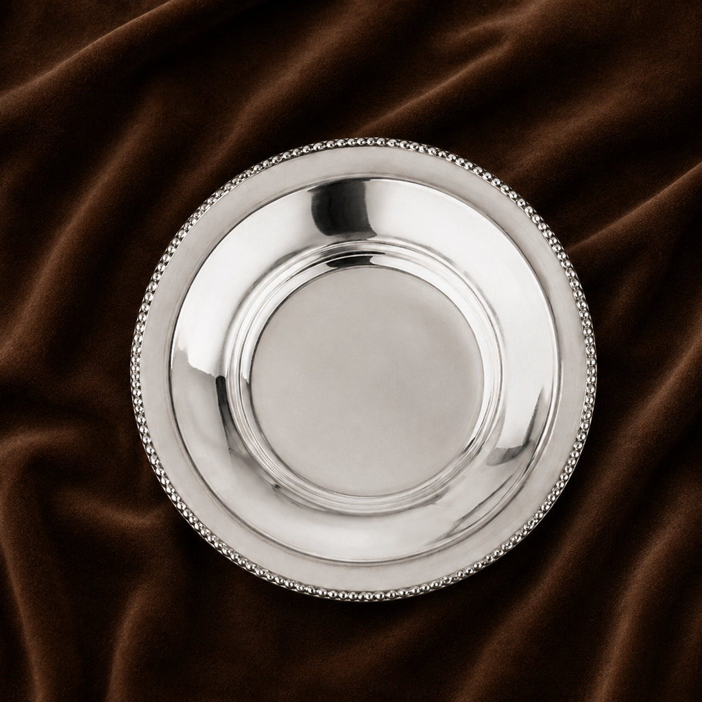 Silver Beaded Rim Plate | Medium Silver Puja & Offering Plate