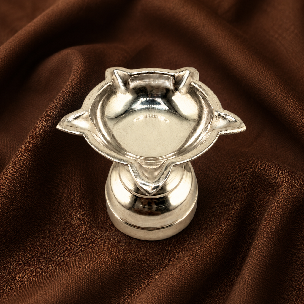 Pure Silver Lotus Panchmukhi Diya | 999 Fine Silver Five-Petal Oil Lamp for Puja & Home Temple