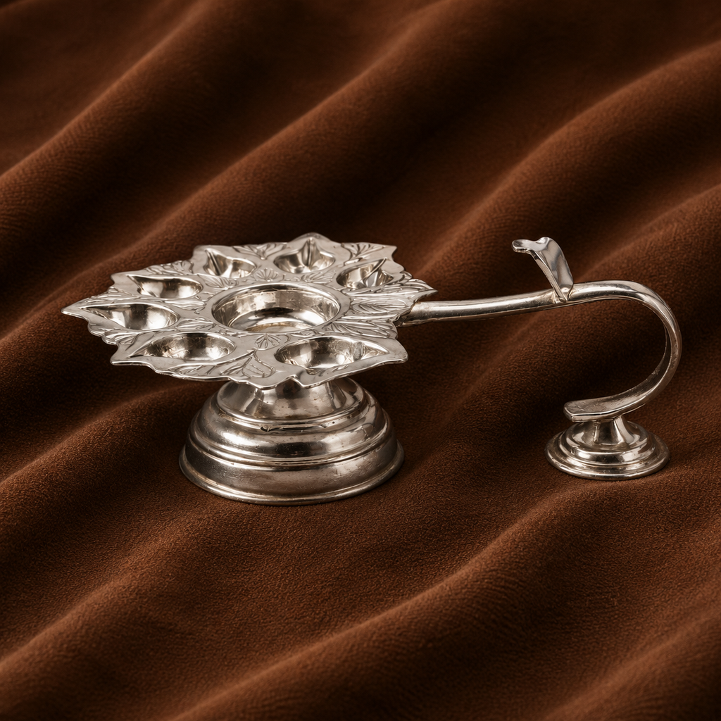 Silver Panchamukhi Diya | Silver 5-wick Oil Lamp | Silver Aarti Diya | Silver Fancy Puja Diya