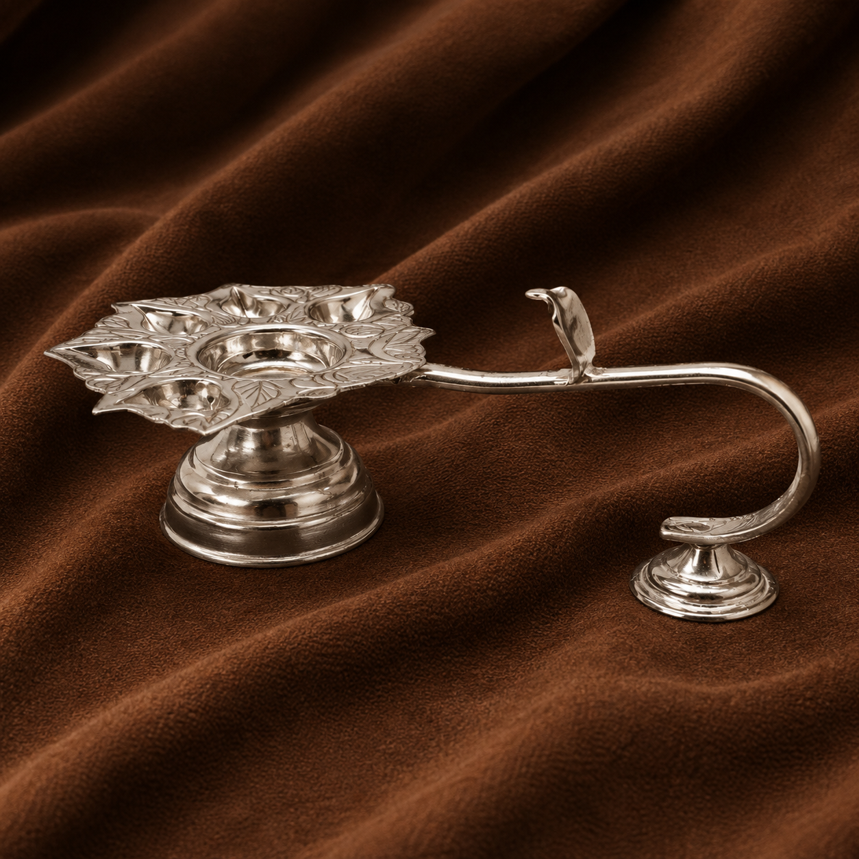 Silver Panchamukhi Diya | Silver 5-wick Oil Lamp | Silver Aarti Diya | Silver Fancy Puja Diya