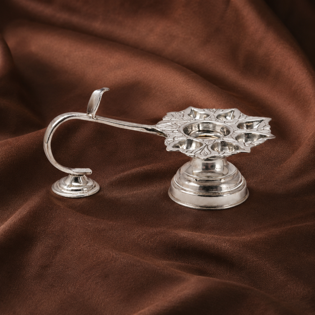 Silver Panchamukhi Diya | Silver 5-wick Oil Lamp | Silver Aarti Diya | Silver Fancy Puja Diya