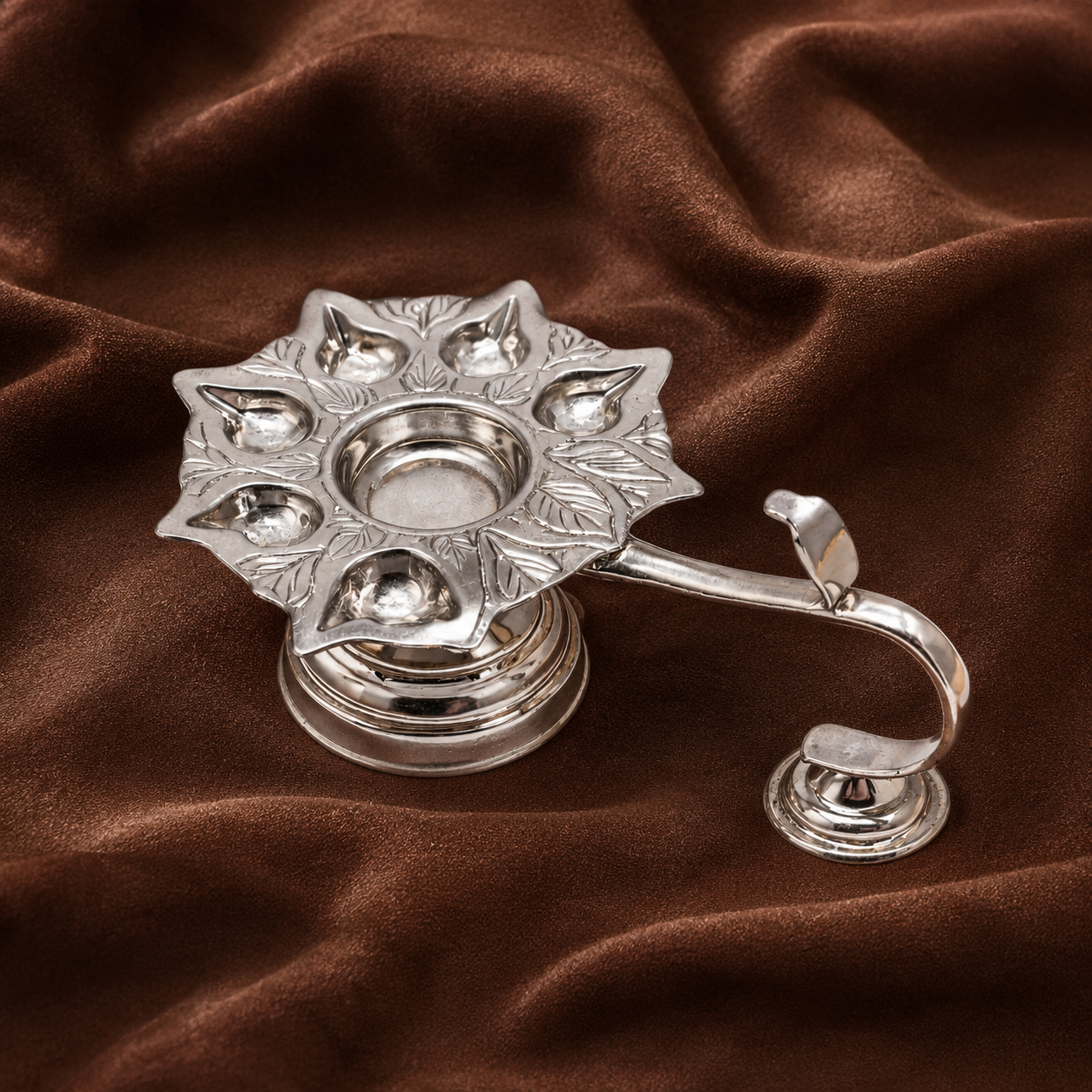 Silver Panchamukhi Diya | Silver 5-wick Oil Lamp | Silver Aarti Diya | Silver Fancy Puja Diya