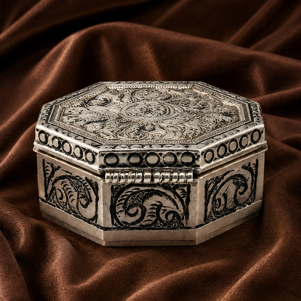 Handcrafted 8-Sided Silver Dabba – Traditional Hindu Puja & Keepsake Box