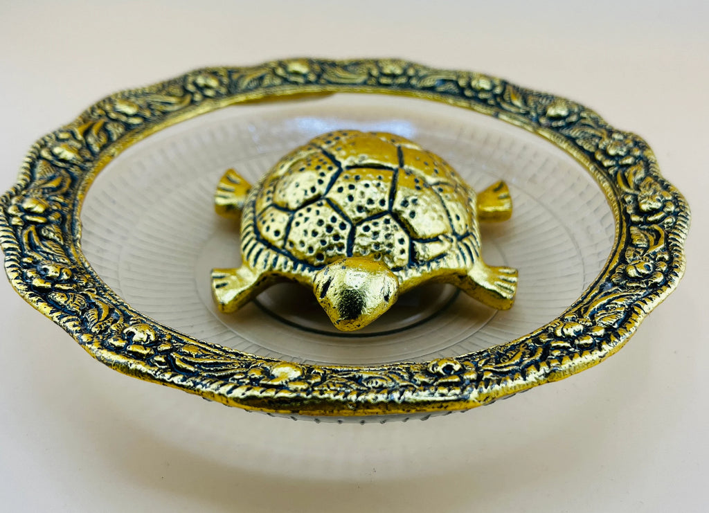 Tortoise with designer crystal plate kurma dev fengshui art return gift