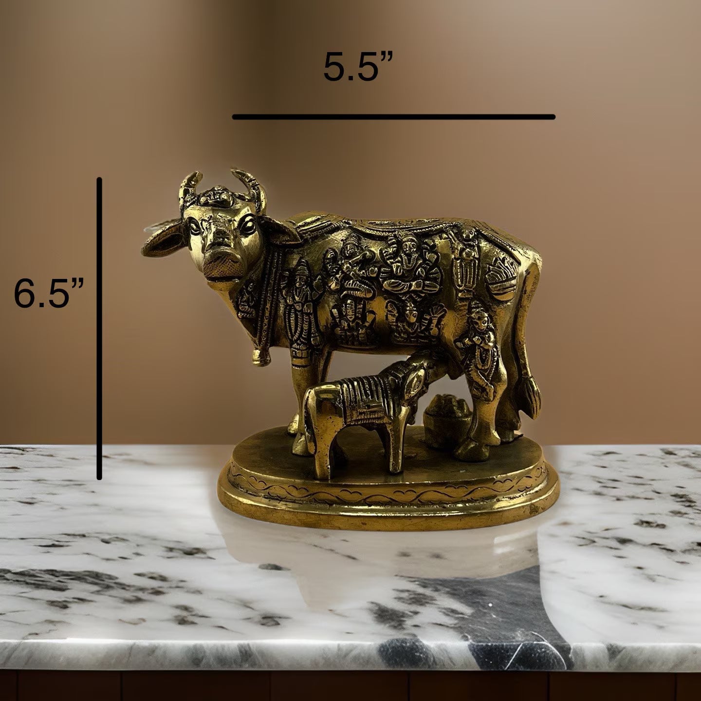 Brass Holy Kamdhenu Cow and Calf Idol | Brass Gau Mata Murti | Hindu Sacred Cow Sculpture | Spiritual Home Decor | Vastu Home Decor