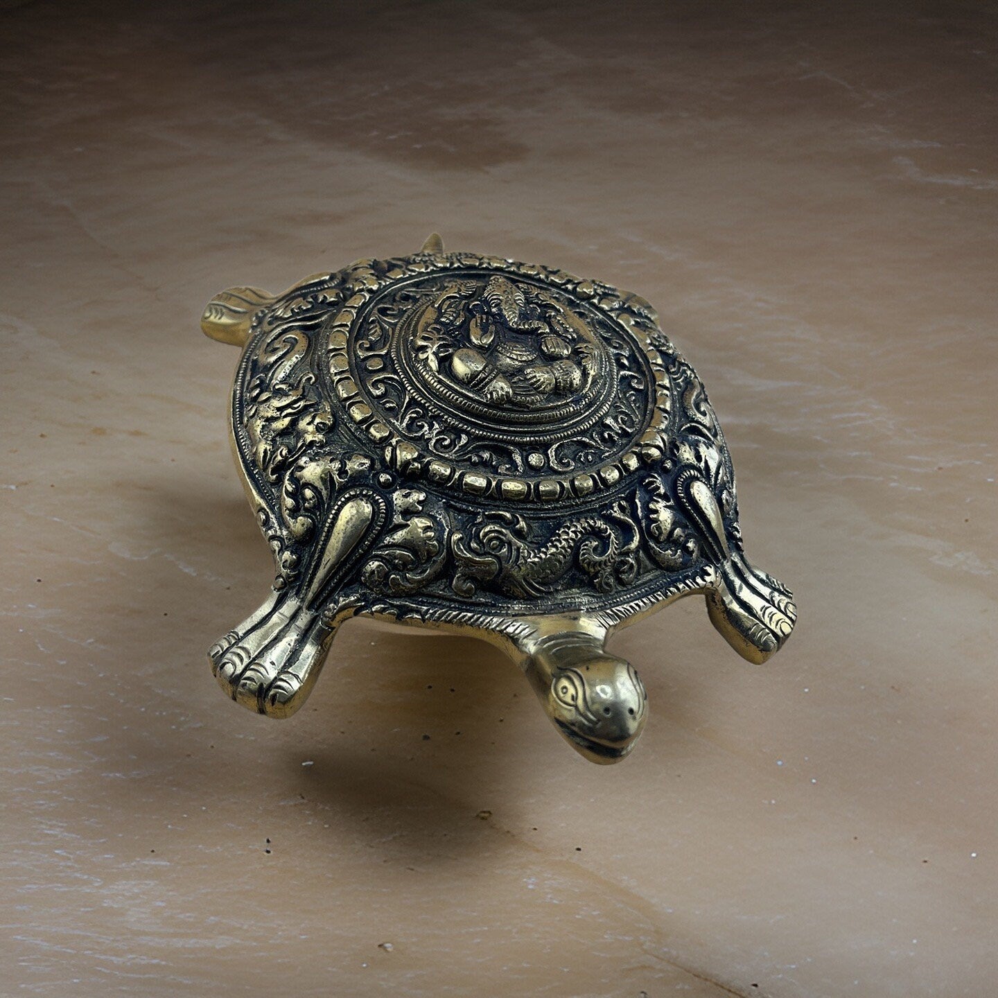 Brass Tortoise with Ganesha Engraved | Medium Size Kachua with Ganapati | Good Luck Tortoise | Vastu Feng Shui Decor
