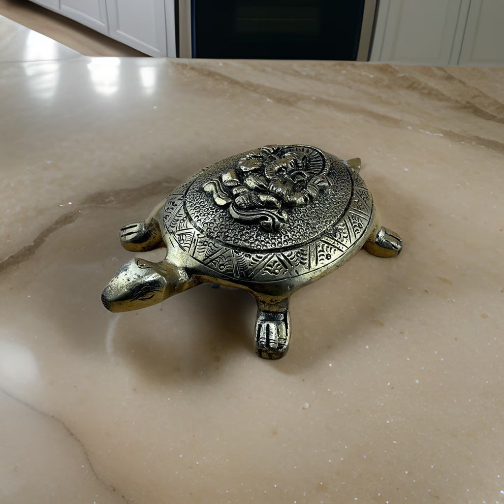 Brass Tortoise with Ganesha Engraved | Small Size Kachua with Ganapati | Good Luck Tortoise | Vastu Feng Shui Decor