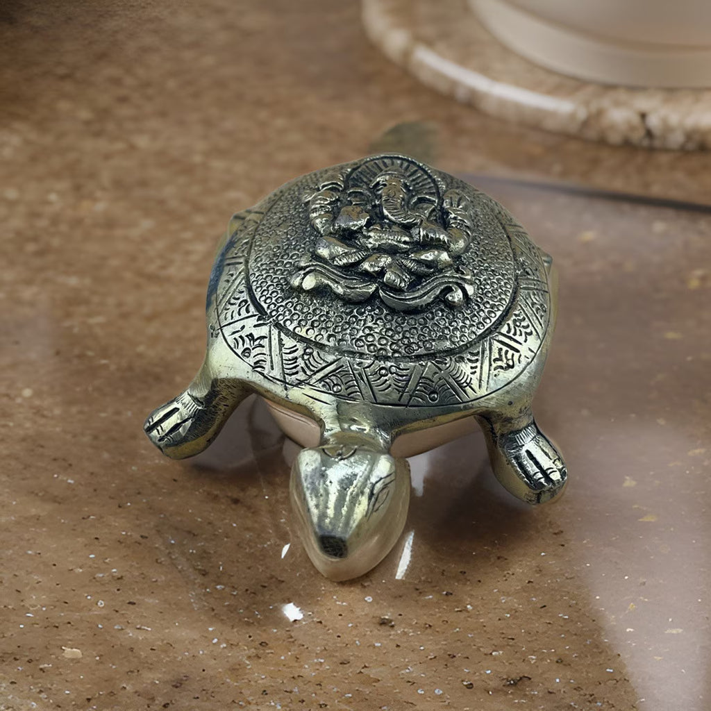 Brass Tortoise with Ganesha Engraved | Small Size Kachua with Ganapati | Good Luck Tortoise | Vastu Feng Shui Decor