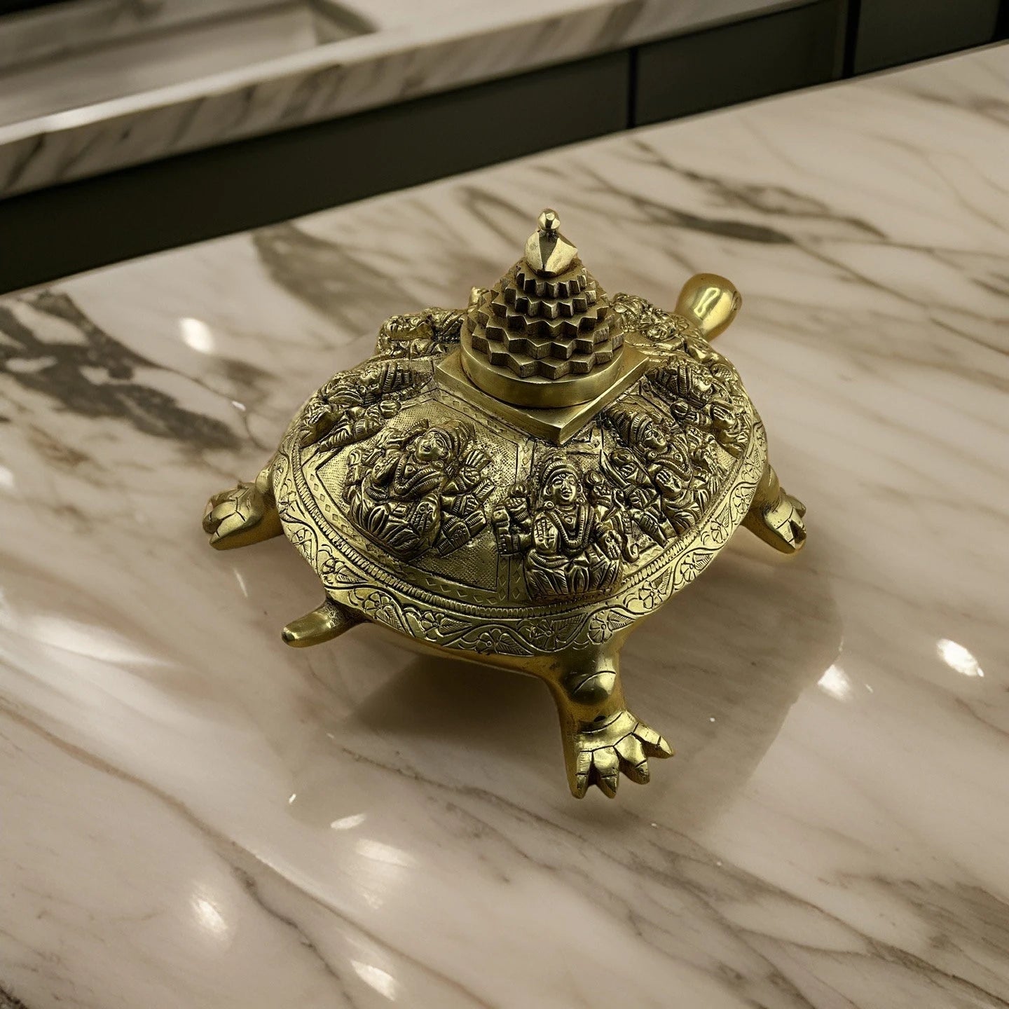 Brass Tortoise with Shree Yantra and Ashtalakshmi Carved | Shri Yantra Turtle/Tortoise/Kachua| Vastu Feng Shui Decor | Good Luck Turtle