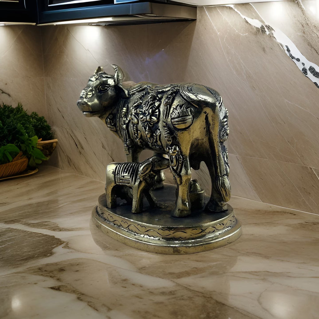 Brass Holy Kamdhenu Cow and Calf Idol | Brass Gau Mata Murti | Hindu Sacred Cow Sculpture | Spiritual Home Decor | Vastu Home Decor