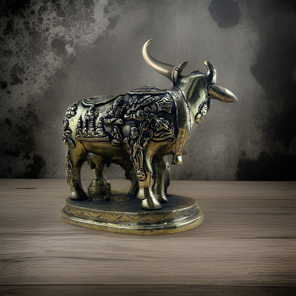 Brass Holy Kamdhenu Cow and Calf Idol | Brass Gau Mata Murti | Hindu Sacred Cow Sculpture | Spiritual Home Decor | Vastu Home Decor
