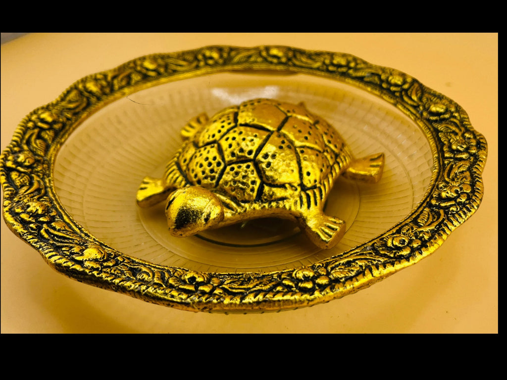Tortoise with designer crystal plate kurma dev fengshui art return gift