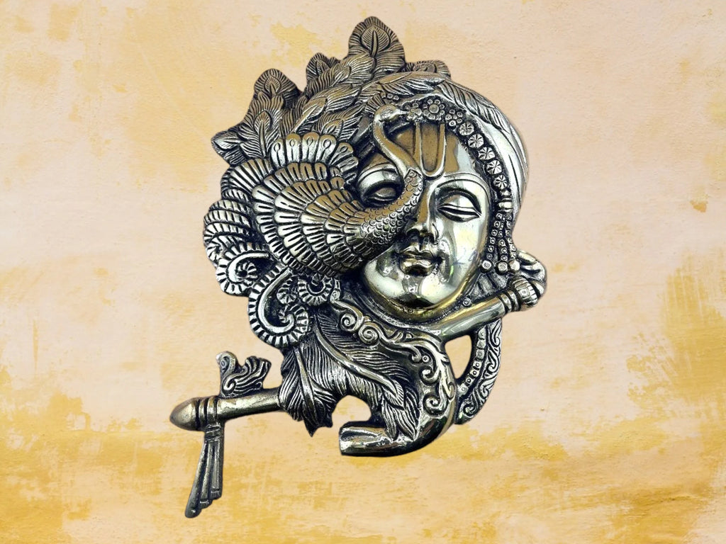 Brass Krishna Face| Wall Hanging Krishna with Flute and Peacock| Lord Krishna Wall Art | Brass Krishna