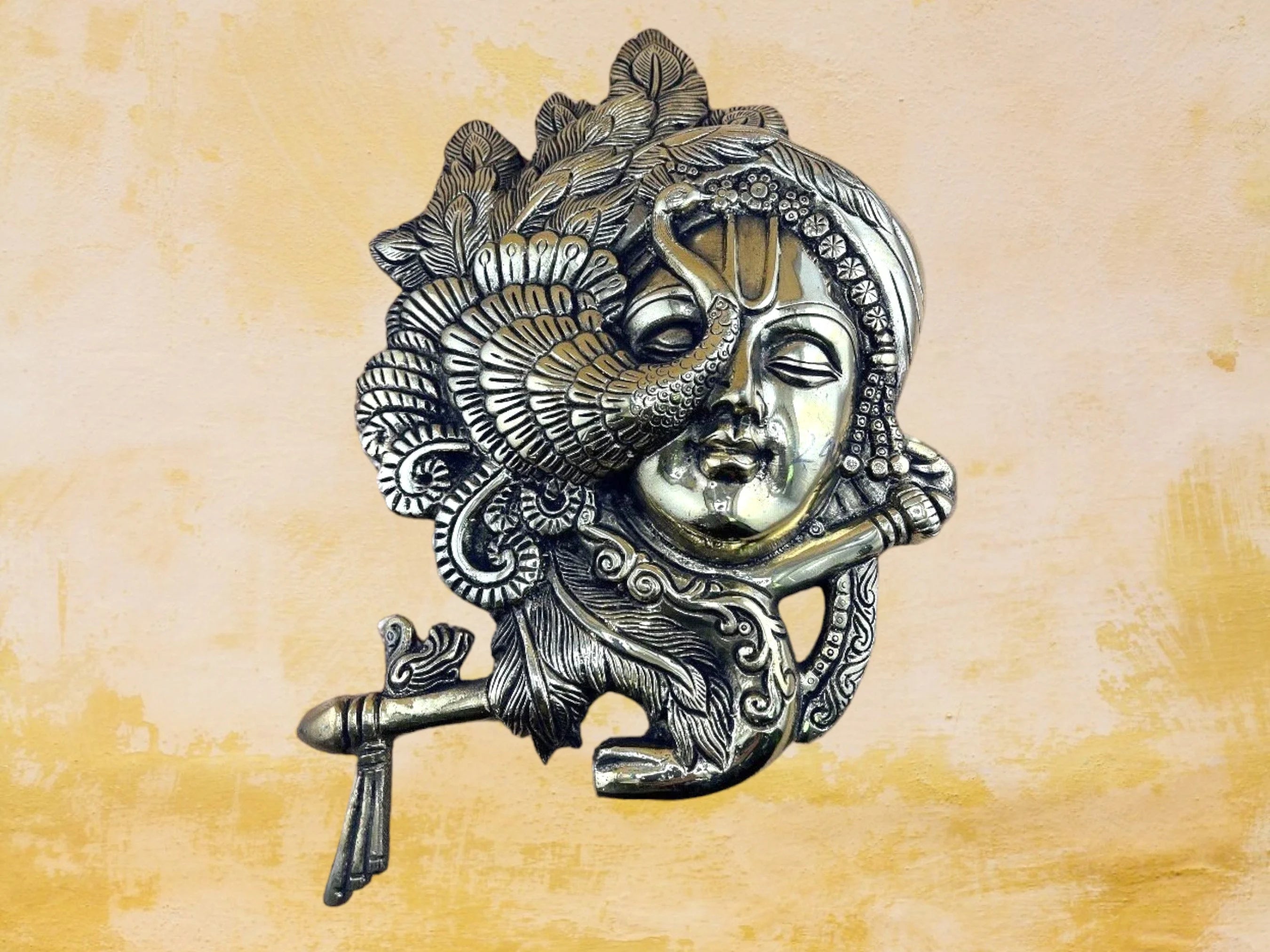 Brass Krishna Face| Wall Hanging Krishna with Flute and Peacock| Lord Krishna Wall Art | Brass Krishna