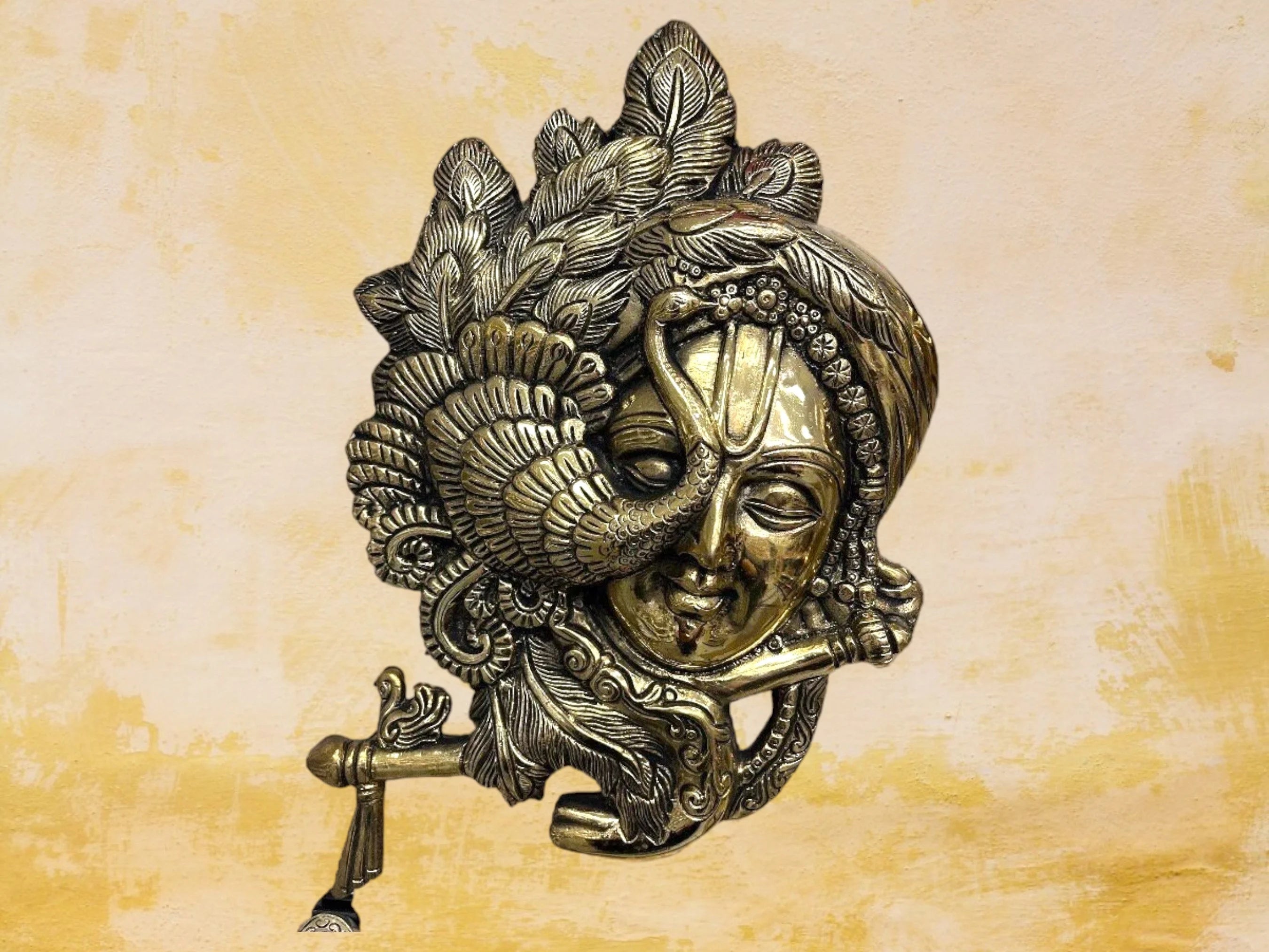 Brass Krishna Face| Wall Hanging Krishna with Flute and Peacock| Lord Krishna Wall Art | Brass Krishna