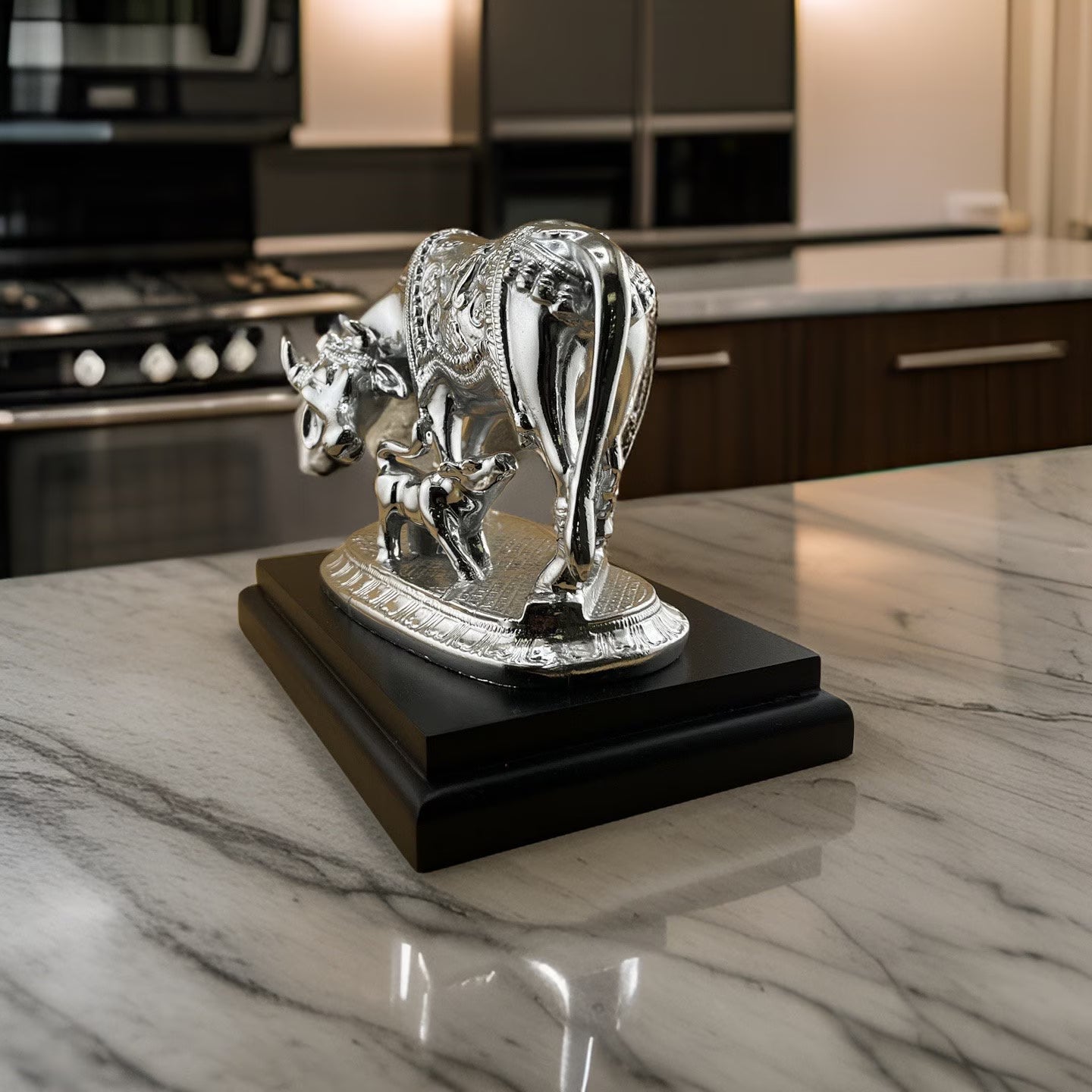 Oxidized Kamdhenu Cow and Calf | Handcrafted Cow with Calf for Good Luck | 2" Gau MATA Idol Spiritual Vastu Sculpture for Home and Office