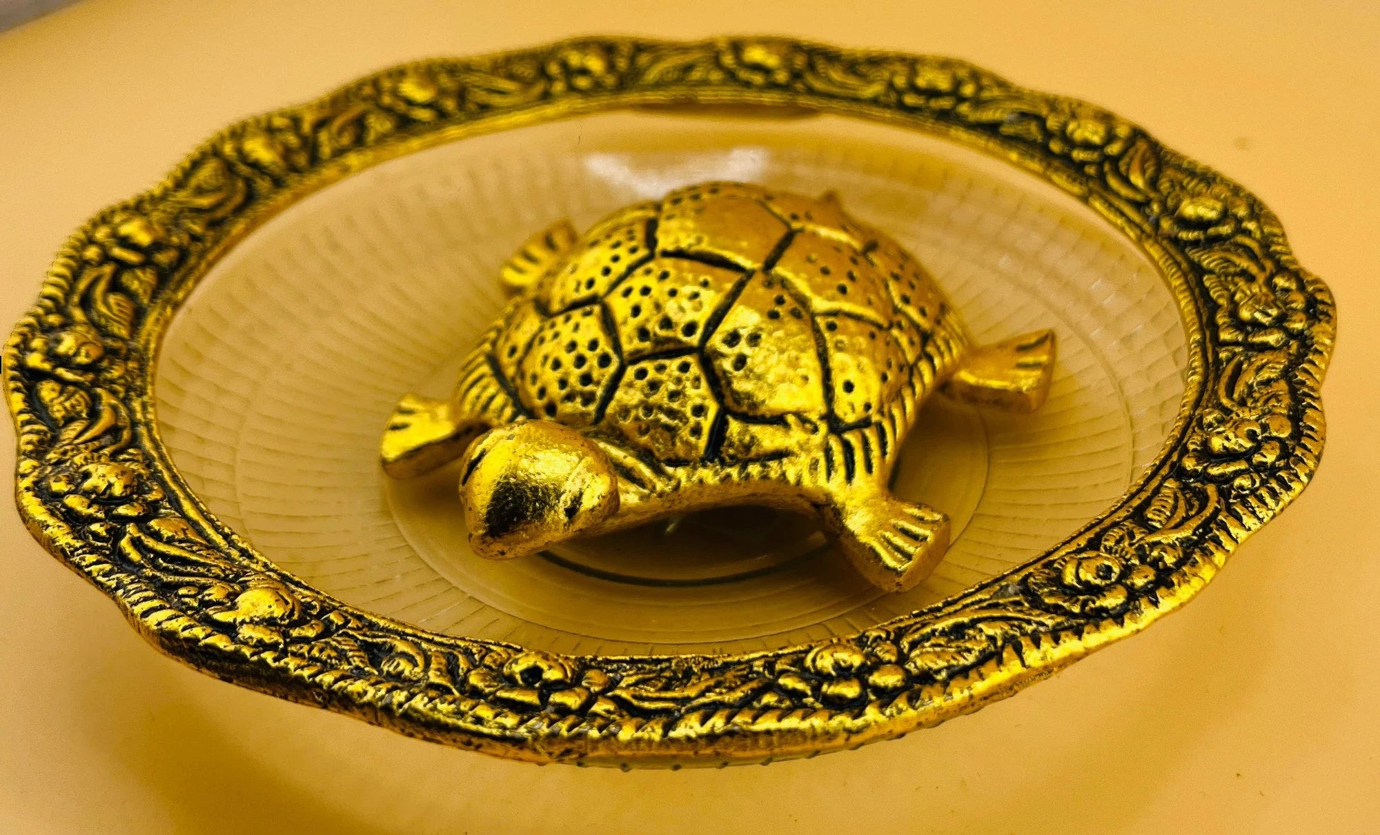 Tortoise with designer crystal plate kurma dev fengshui art return gift