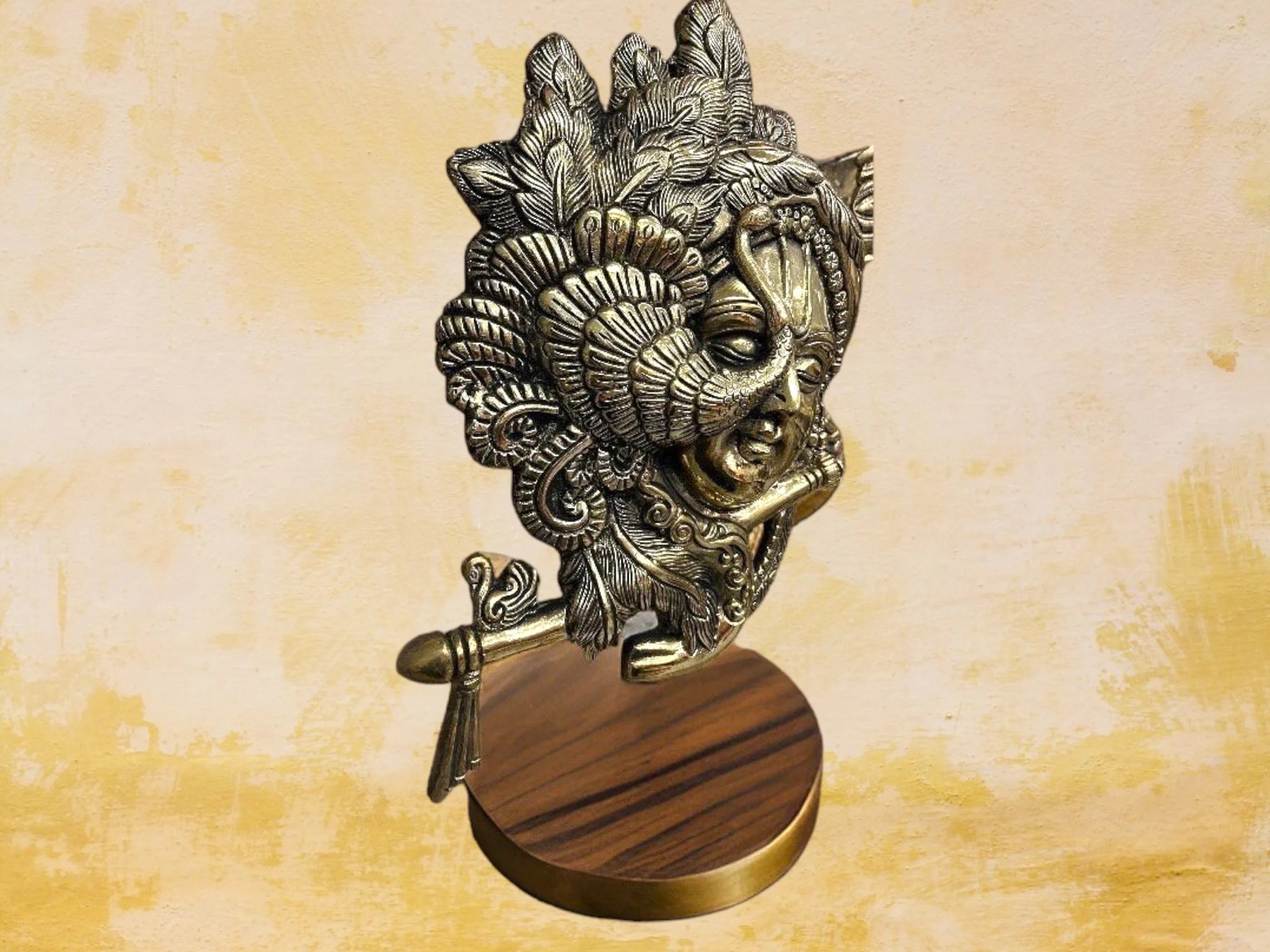 Brass Krishna Face| Wall Hanging Krishna with Flute and Peacock| Lord Krishna Wall Art | Brass Krishna
