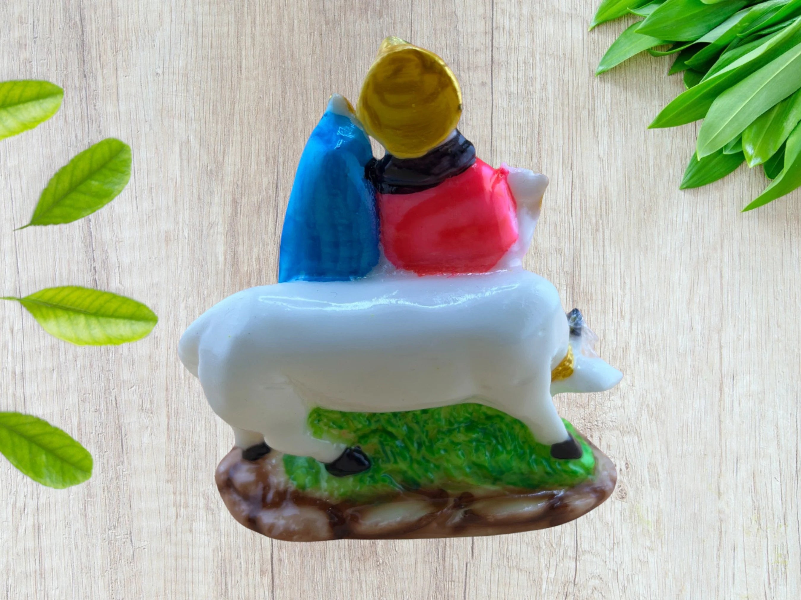 Radha Krishna with Cow - White Stone Dust Statue with Multicolor Paint - Hand-Painted Murti Idol Sculpture Perfect for Pooja, Home Decor