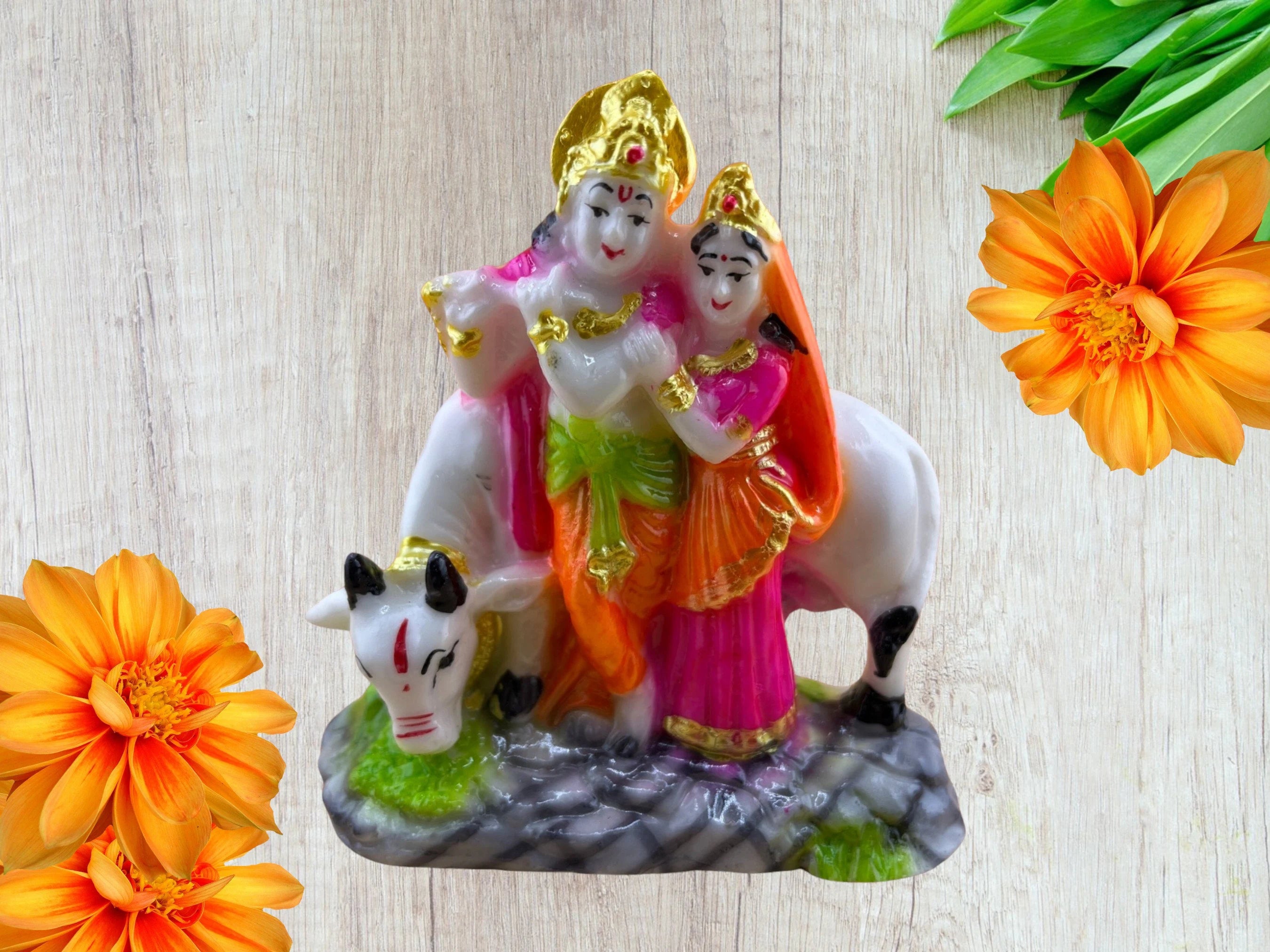 Radha Krishna with Cow - White Stone Dust Statue with Multicolor Paint - Hand-Painted Murti Idol Sculpture Perfect for Pooja, Home Decor
