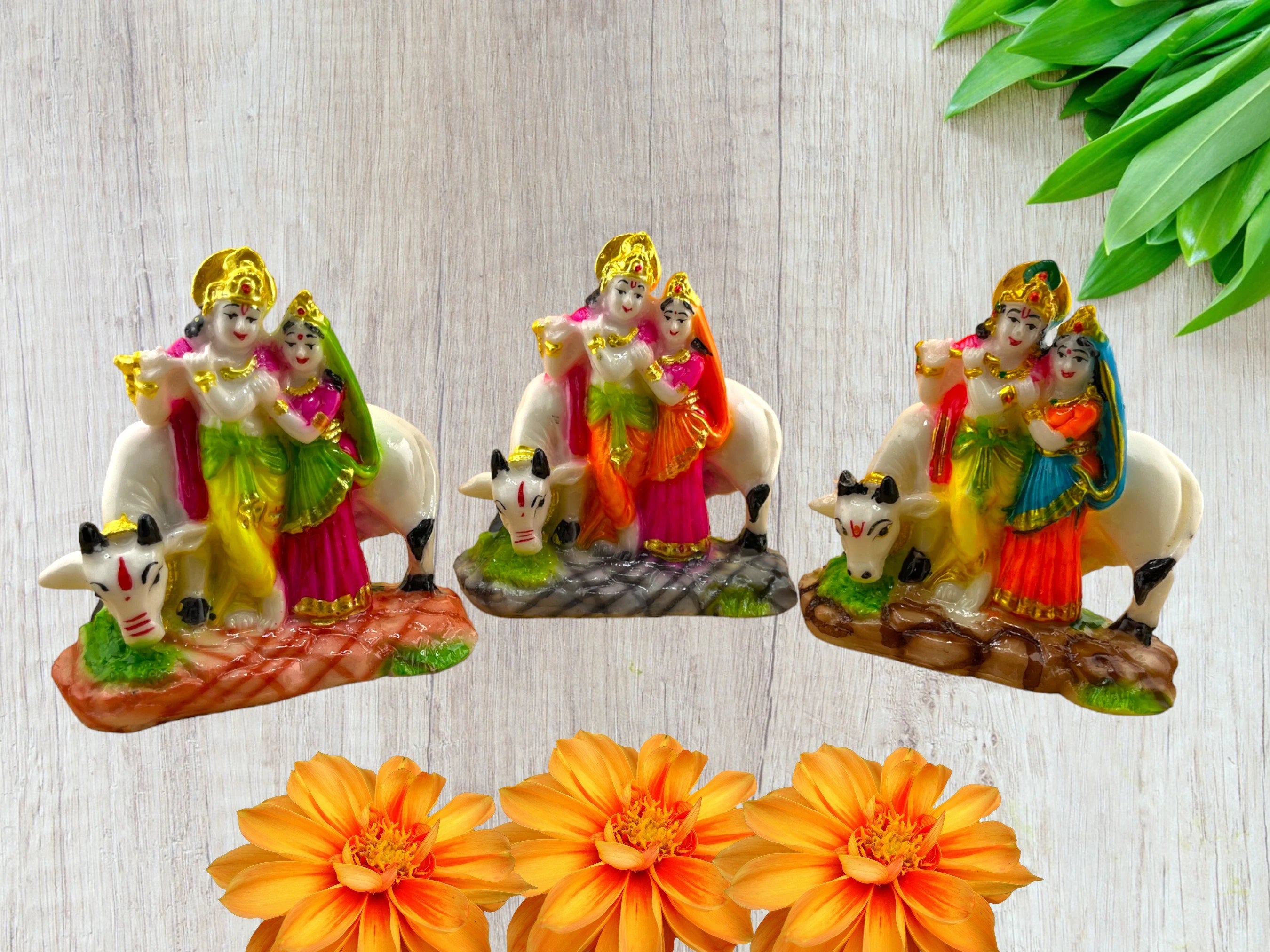 Radha Krishna with Cow - White Stone Dust Statue with Multicolor Paint - Hand-Painted Murti Idol Sculpture Perfect for Pooja, Home Decor