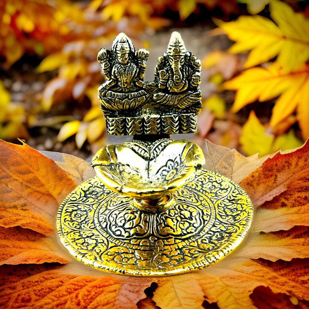 Handcrafted Oxidized Metal Diya with Gold Finish