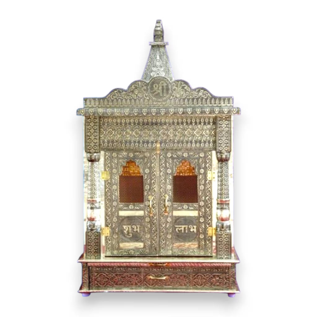Silver Oxidated Wooden Temple With Brown Accents | Oxidised Mandir/Mandap | 9 X 18 X 31 inches