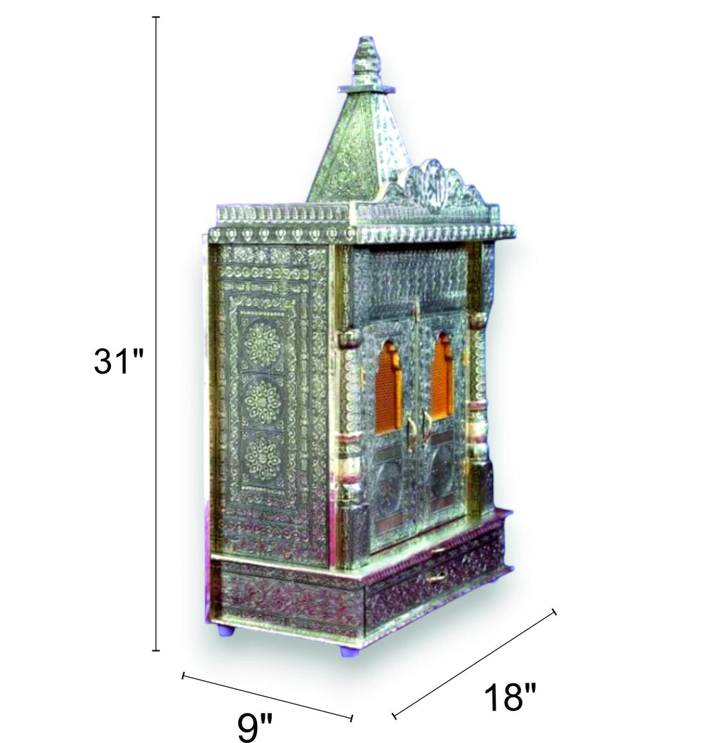 Silver Oxidated Wooden Temple With Brown Accents | Oxidised Mandir/Mandap | 9 X 18 X 31 inches