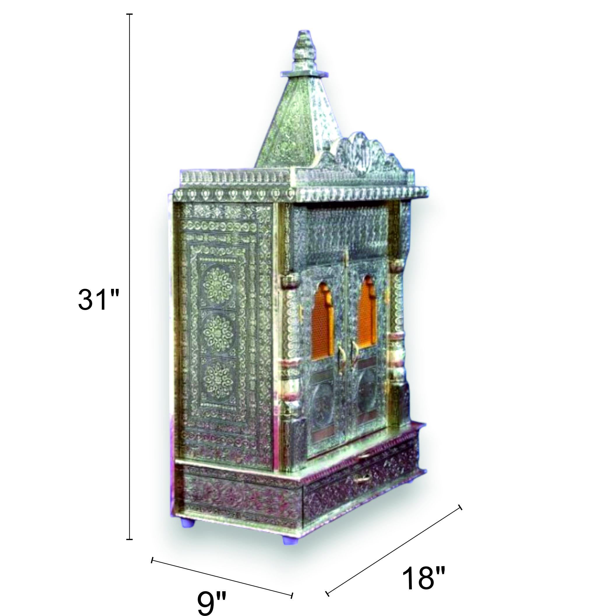 Silver Oxidated Wooden Temple With Brown Accents | Oxidised Mandir/Mandap | 9 X 18 X 31 inches