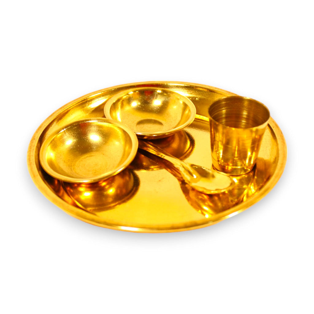 Brass Bhoga Thali Set 4.5 inch | Golden Puja Plate Set | Bhoga Prasad Thali Set with Utensils