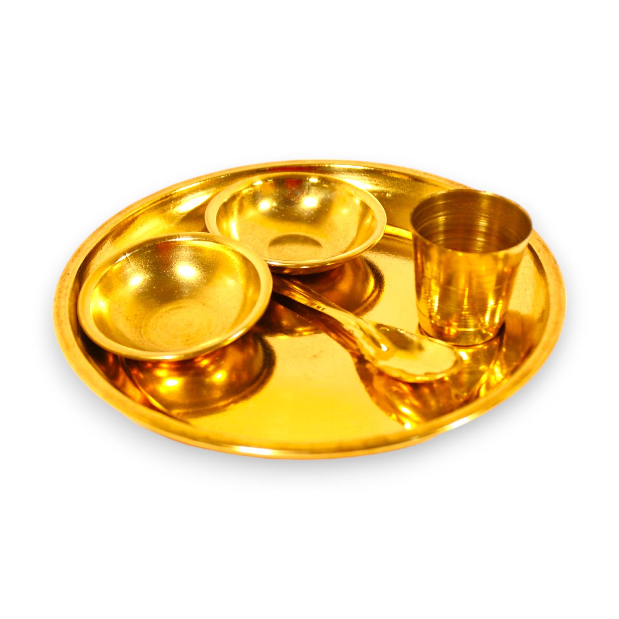 Brass Bhoga Thali Set 4.5 inch | Golden Puja Plate Set | Bhoga Prasad Thali Set with Utensils