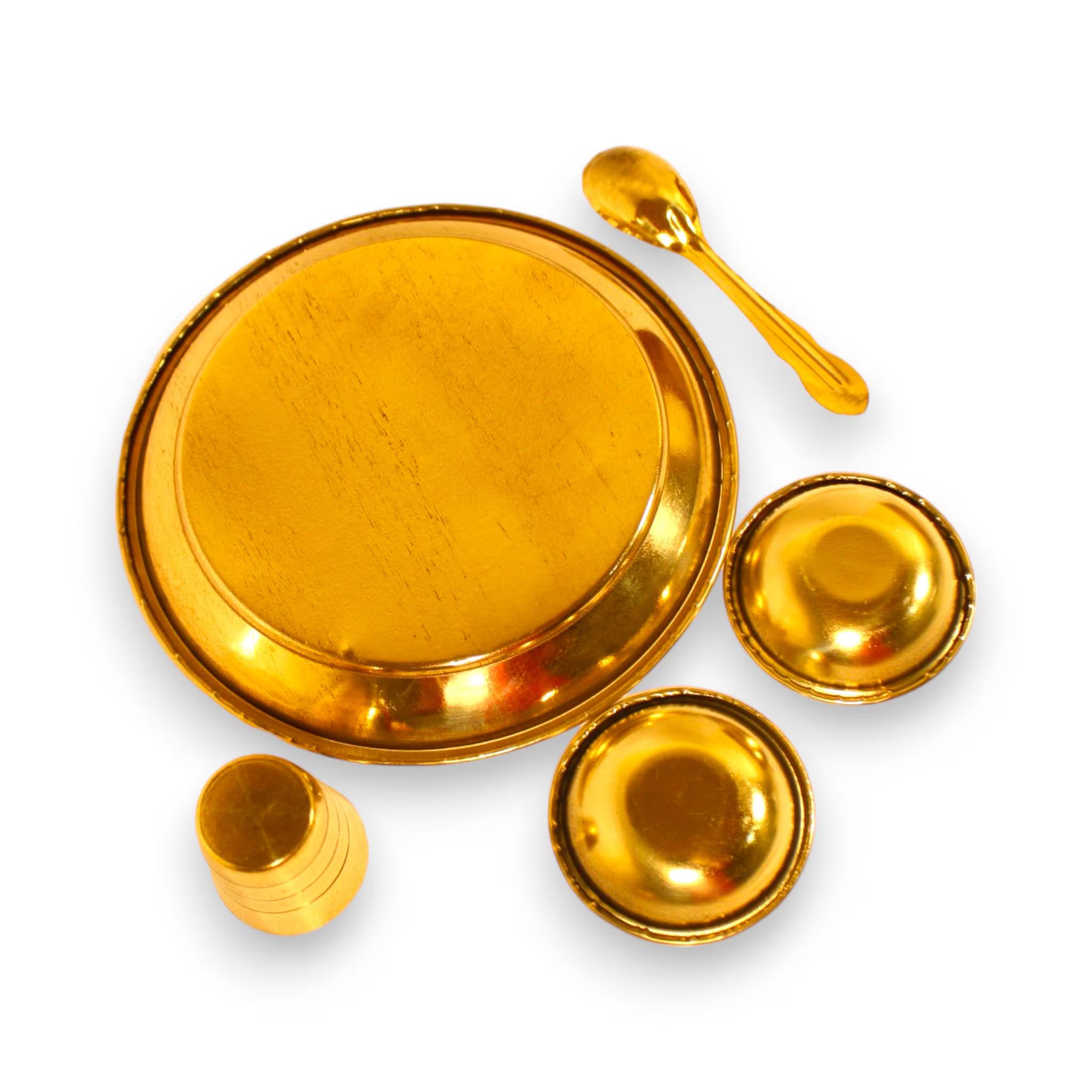 Brass Bhoga Thali Set 4.5 inch | Golden Puja Plate Set | Bhoga Prasad Thali Set with Utensils