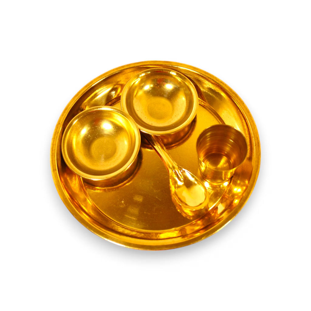 Brass Bhoga Thali Set 4.5 inch | Golden Puja Plate Set | Bhoga Prasad Thali Set with Utensils