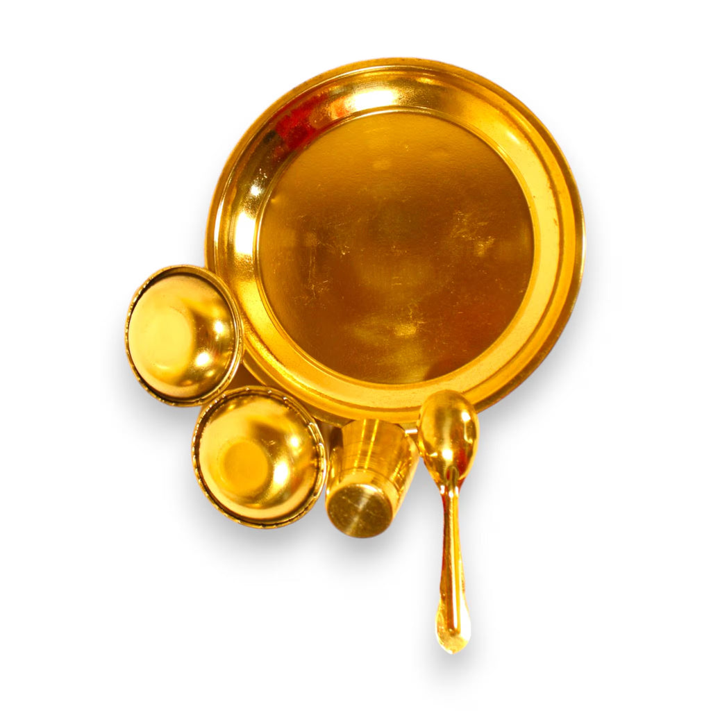 Brass Bhoga Thali Set 4.5 inch | Golden Puja Plate Set | Bhoga Prasad Thali Set with Utensils