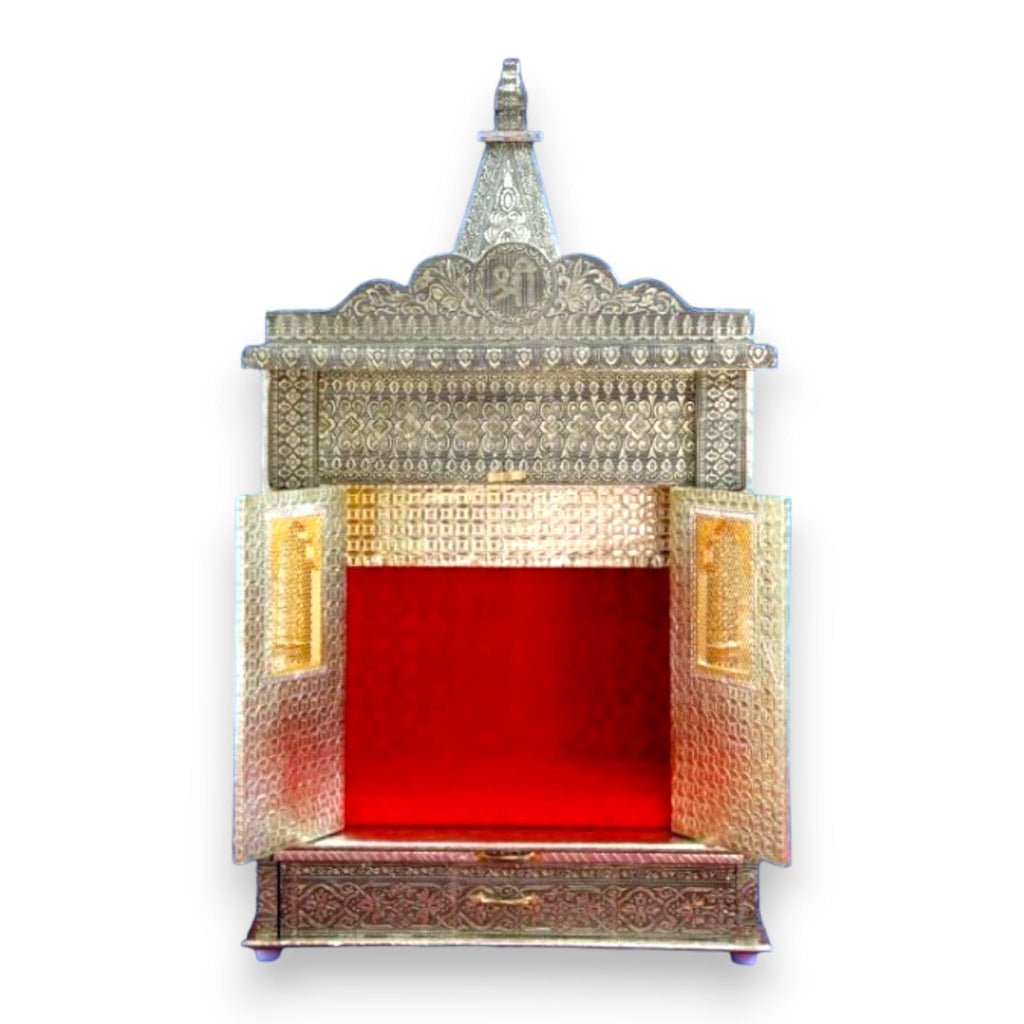 Silver Oxidated Wooden Temple With Brown Accents | Oxidised Mandir/Mandap | 9 X 18 X 31 inches