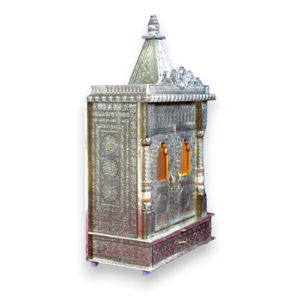 Silver Oxidated Wooden Temple With Brown Accents | Oxidised Mandir/Mandap | 9 X 18 X 31 inches