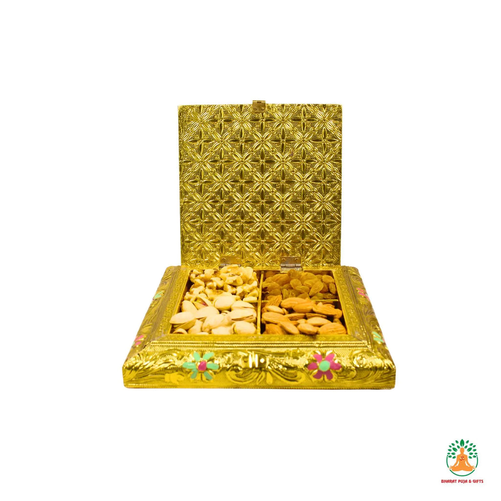 Wooden Dry Fruit Box with 4 Compartments | Colourful Artwork Storage Box for Diwali | Festive Gifting
